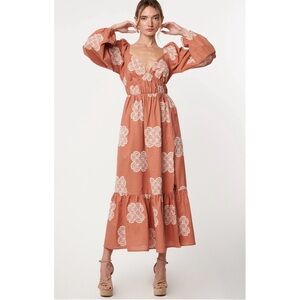 NEW Ciebon Serbita Medallion Embroidery Long Sleeve Cotton & Linen Midi Dress